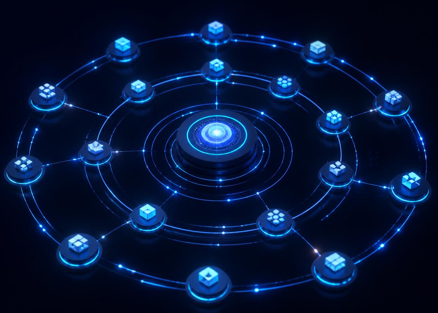 Abstract network of enterprise SaaS platforms connected to a central core